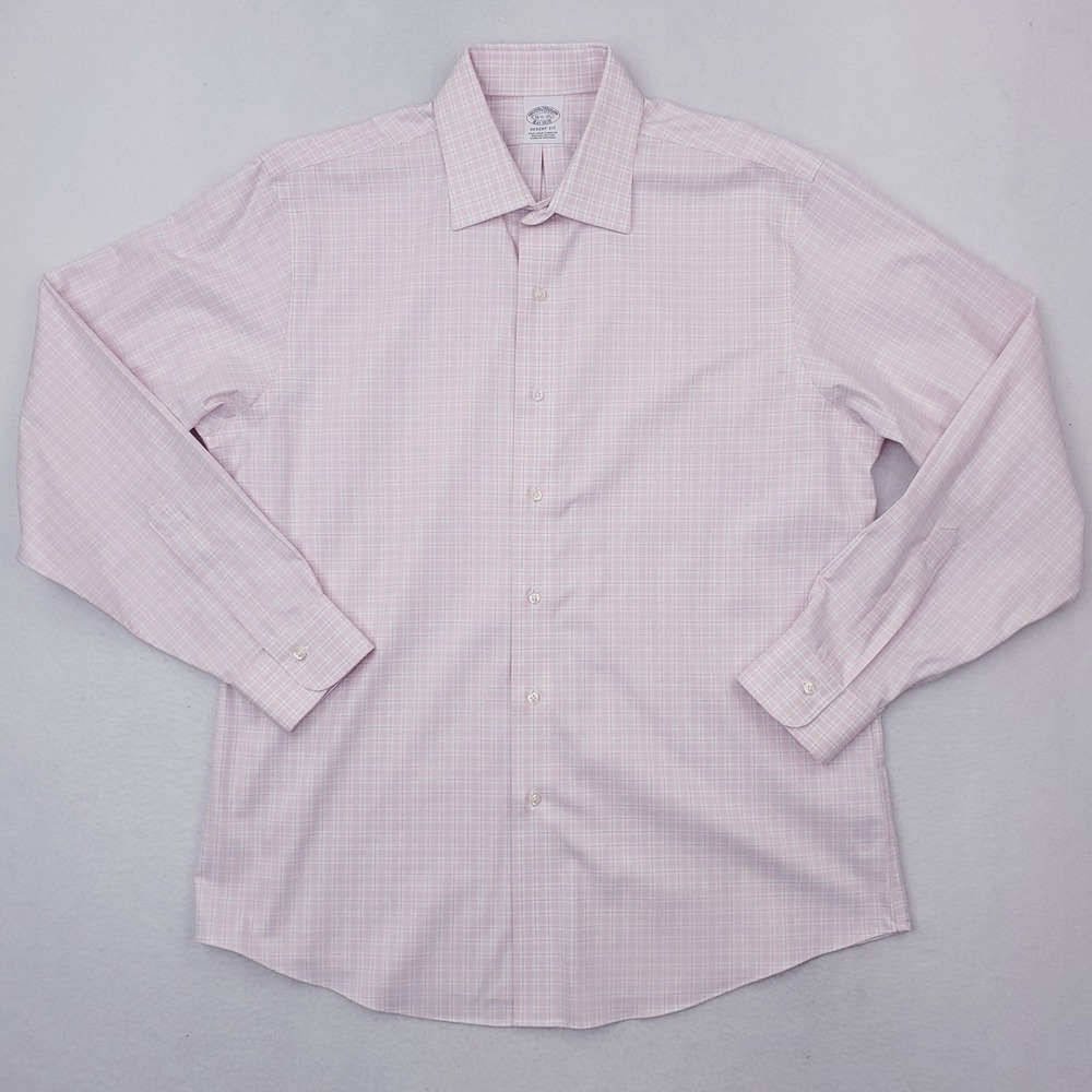 Brooks Brothers Shirt Mens‎ 16.5 35 Pink Check Regent Non Iron Stretch Supima